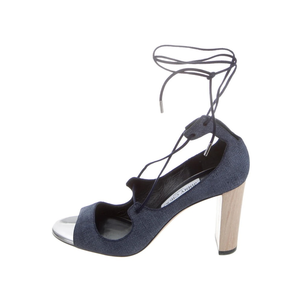 Jimmy Choo Vernie Sandals 6.5 Denim Blue‎ Leather Strappy Wood Block Heel